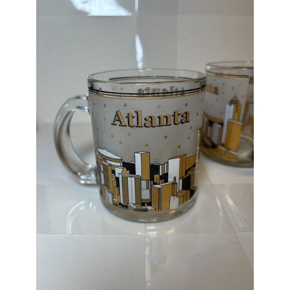 2 Atlanta Frosted Gold and Black City Building Stars Clear Glass Mugs - Picture 1 of 9